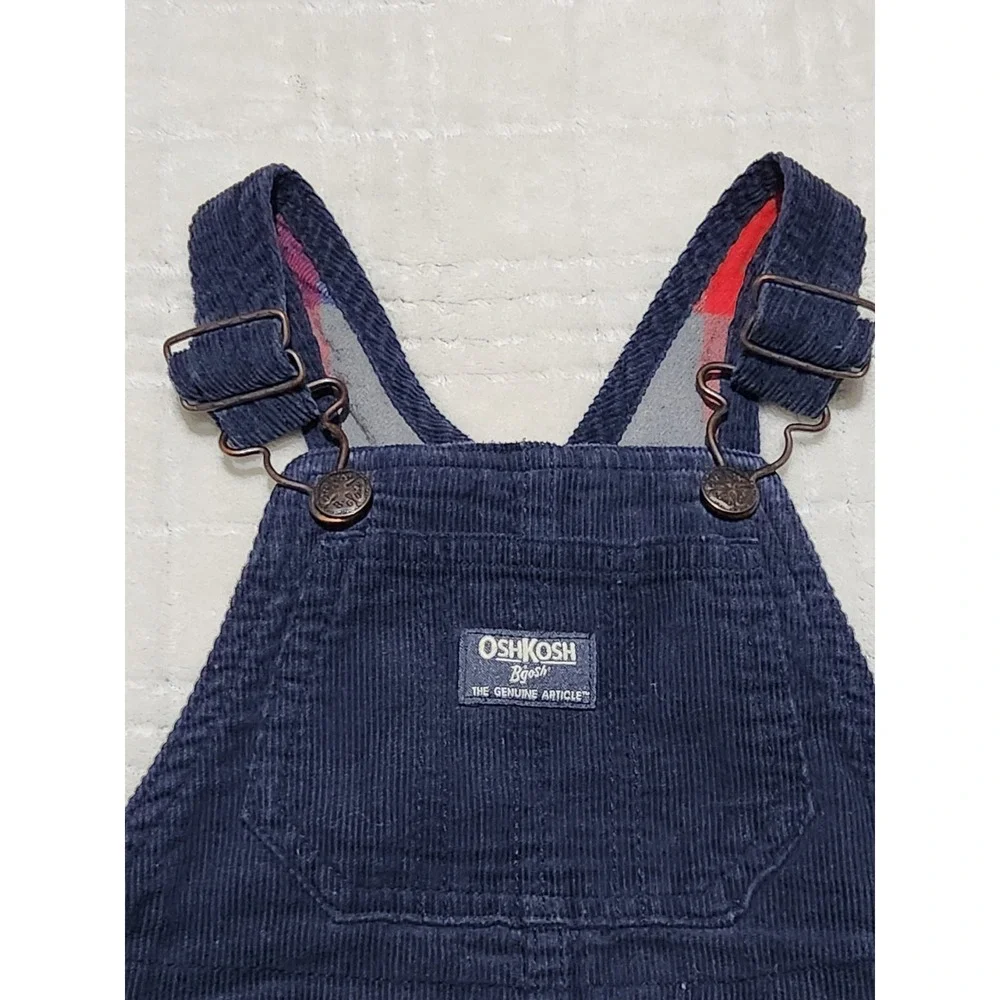 OSHKOSH B'GOSH‎ Navy Blue Corduroy Plaid Flannel Lined Overalls Kids 24M Vintage